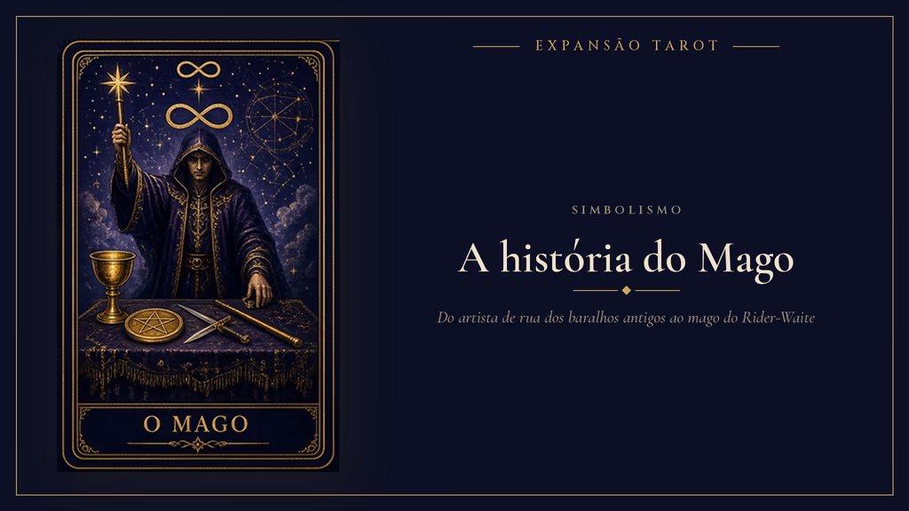 Ilustração da carta O Mago, com a varinha erguida diante de uma mesa com cálice, pentáculo, espada e bastão