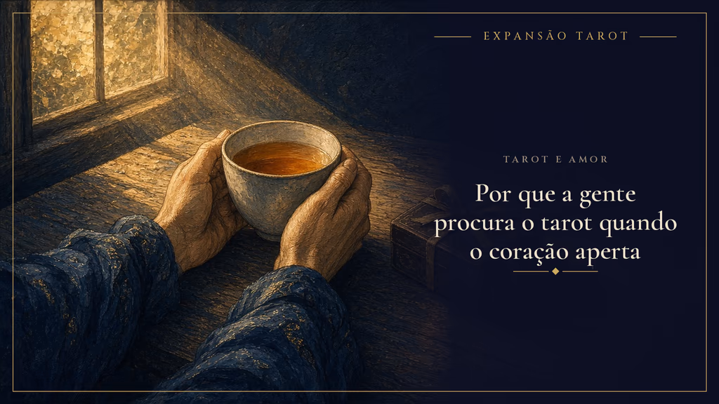 Mãos segurando uma xícara de chá ao lado de uma caixinha fechada, com luz de fim de tarde entrando pela janela