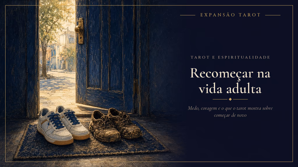 Tênis novos ao lado de sapatos gastos no capacho, com a porta entreaberta para uma rua iluminada