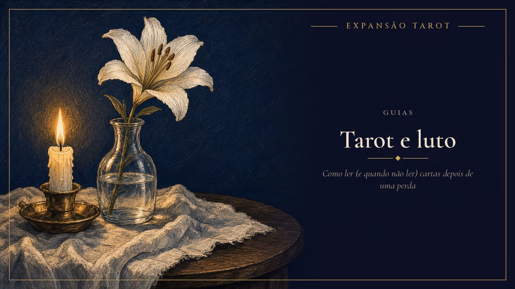 Vela acesa ao lado de um vaso de vidro com um único lírio branco, sobre uma toalha de linho