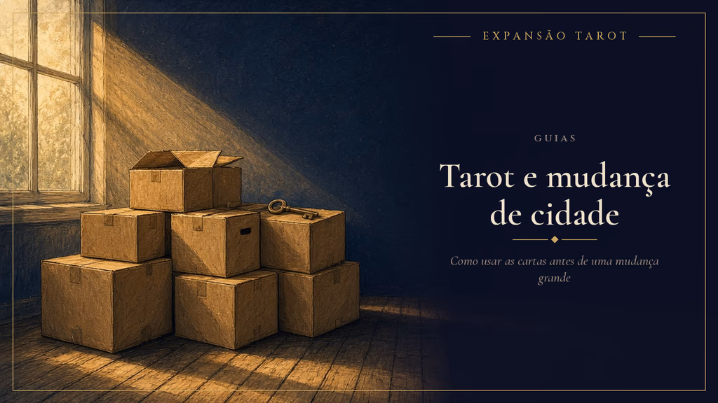 Caixas de mudança empilhadas numa sala vazia, com uma chave antiga sobre uma delas e luz de fim de tarde entrando pela janela